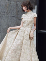 High neckline embroidered high low vintage wedding gown