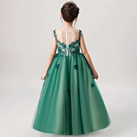 Green embroidered flower girl dress floor length long kid's green gown
