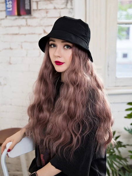 Black hat with light pink wigs