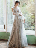 Backless long sleeve grey ball gown