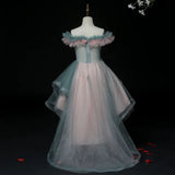 Off the shoulder green pink high low ball gown for girl