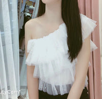 One shoulder tulle white top