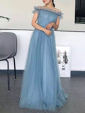 Off the shoulder dusty blue prom dress with pearl