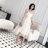 champagne tulle prom dress party dress homecoming dress off the shoulder ankle-length