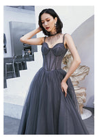 Dark grey prom dress spaghetti straps