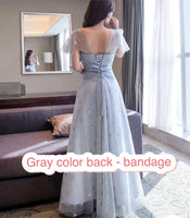 Long embroidered bridesmaid dress pink gray stars