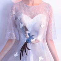 Hi-lo embroidered bridesmaid dress gray pink