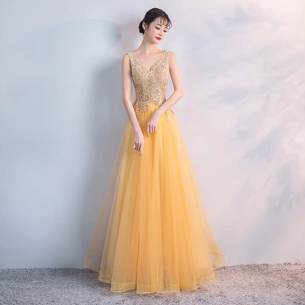 Yellow wedding gown v neck tulle evening dress вечернее платье Vestido de noche la robe de soirée