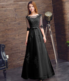 Middle sleeve black evening dress embroidered