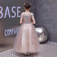 Sleeveless sparkly champagne pink prom dress for little girl