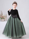 Long sleeve ball gown for little girl black green dress