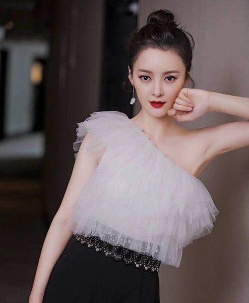One shoulder tulle white top