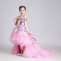 Off the shoulder high low sparkly sequin little girl’s pink ball gown