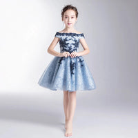 Off the shoulder printing blue flower girl dress