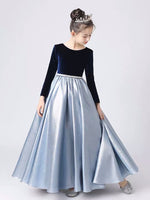 Blue velvet satin dress for little girl