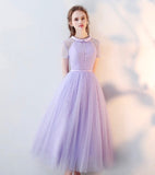 Calf length long short sleeve grey burgundy lavender prom dress