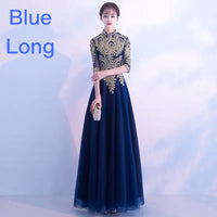 High neckline embroidered blue prom dress
