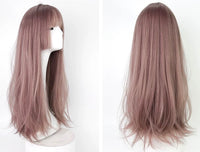 56cm 22 inches long straight rattan pink wig with bangs かつら