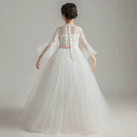 Middle sleeve pink embroidered child tulle dress