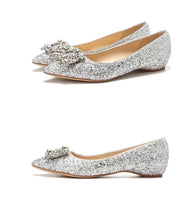 Silver shining wedding shoes flat heels