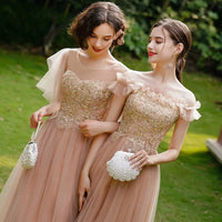 Embroidered tulle calf length long bridesmaid dresses