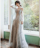 Backless long sleeve grey ball gown