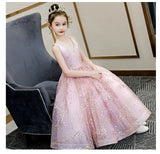 Floor length long sparkly little girl's pink ball gown