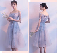 Grey bridesmaid dress embroidered tulle short prom dress