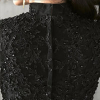 High neckline embroidered black prom dress