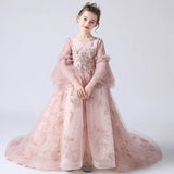 Half sleeve little girl's pink trailing quinceanera dress