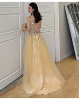 Spaghetti straps sparkly yellow prom dress