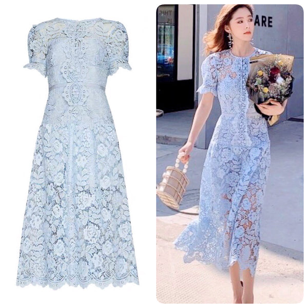 Short sleeve light blue lace dress