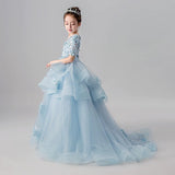 Half sleeve sky blue tailed ball gown for little girl