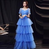 Blue prom dress tiered tulle dress