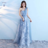 Printing blue bridesmaid dress floor length long