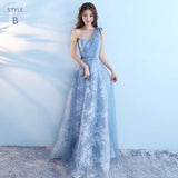 Printing blue bridesmaid dress floor length long