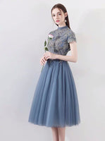 High neckline embroidered short prom dress