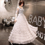 Long sleeve embroidered grey ball gown