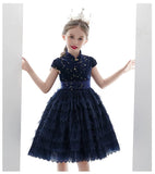 Short sleeve little girl's navy blue event dress