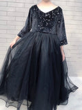 Middle sleeve little girl's black ball gown with train