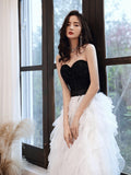 Off the shoulder black and white ball gown prom dress