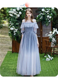 Floor length long gradient starry blue bridesmaid dresses
