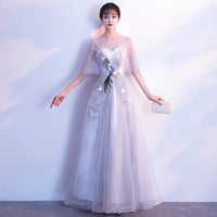 Long gray bridesmaid dress embroidered