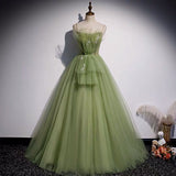 Spaghetti straps green prom dress tulle dress
