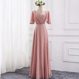 Floor length long pink chiffon bridesmaid dresses