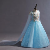 V neck embroidered blue lace and tulle flower girl dress