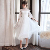 Half sleeve high neckline white prom dress