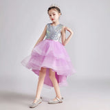 Sleeveless high low pink purple sequin dress for little girl