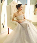 Floor length long grey tulle event dress with pearls