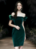 Off the shoulder short green velvet dress